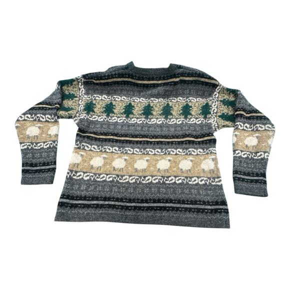 Vintage Casual Corner Nordic Fair Isle Sheep Tree Pattern Med Wool Gray Sweater - Picture 7 of 7